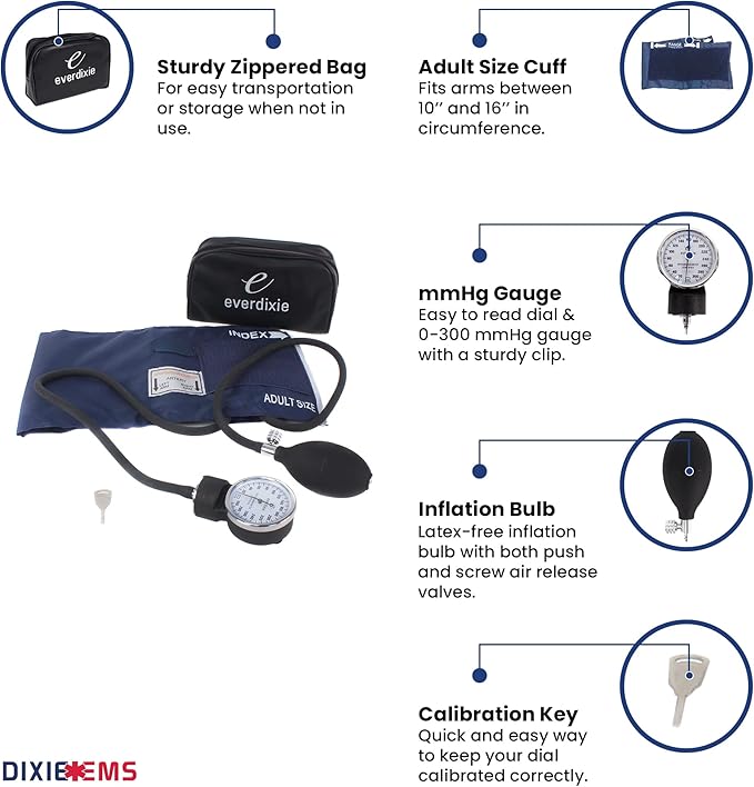 Dixie Ems Deluxe Aneroid Sphygmomanometer Blood Pressure Set W/Adult Cuff, Carrying Case and Calibration Tool - Navy