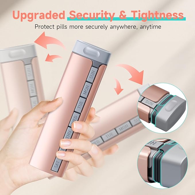 Travel Pill Organizer Weekly, 1 Time a Day ，Upgrade Premium Aluminum Alloy Daily Pill Box 7 Day, Portable Metal Pill Case, Cute Pill Holder to Hold Vitamins, Medicines, Pills, Supplements (Pink)