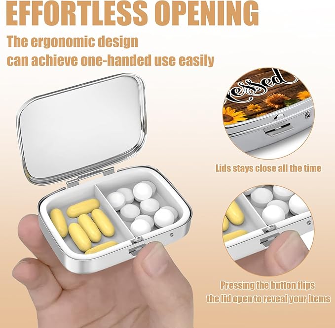Pill Box-2 Compartment Small Pill Case Square Organizer Case with Mirror Portable Metal Medicine Box Travel Container for Pocket & Purse Women Men（Blessed Sunflower）