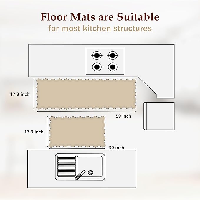 Scalloped Kitchen Mats for Floor 2PC Cushioned Anti Fatigue Kitchen Mats Rugs Waterproof Non Slip Boho Floral Comfort Foam Standing Mat for Sink Laundry, White,17.3x30+17.3x59
