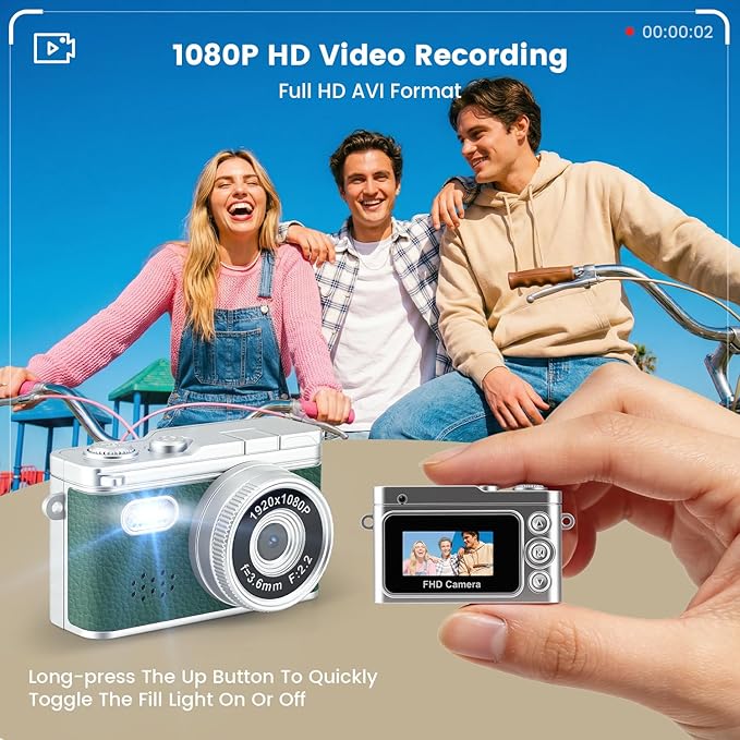 Green Mini Keychain Camera, 1080P Tiny Retro Wearable Digital Camera with 0.96" Screen, Portable 20g Micro Video Recorder for Travel, Small Vintage Pocket Camcorder with Flash, 32G SD Card, Type-C