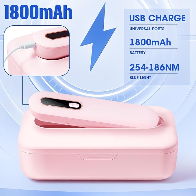 Nail Tool Sterilizer Box - Portable Recharging Nail Tool Cleaner Box Container Plastic Sterilizer Machine for Nail Tools,Tweezers,Hair Salon,Tattoo,Jewelry, Phone (Pink)