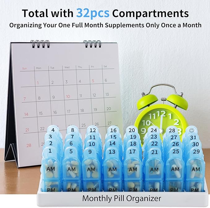 Daviky Monthly Pill Organizer 2 Times a Day, 30 Day Pill Box AM PM with Separate Container, One Month Medicine Case Twice a Day to Hold Vitamins, Supplements and Medication (Blue)