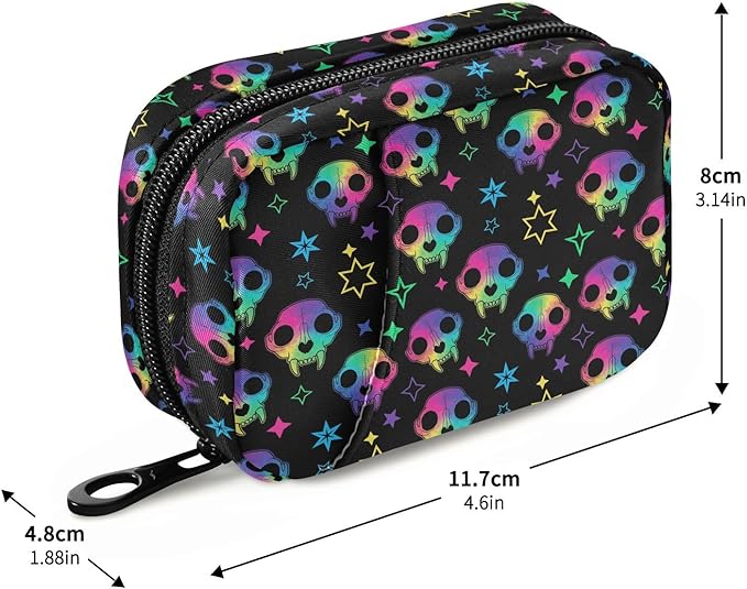 Travel Pill Organizer Bag Weekly Pill Organizer Case Goth Rainbow Style Skull Portable Small Daily Pill Boxes for Vitamin Fish Oils Supplement Holder with Zipper Compact Size