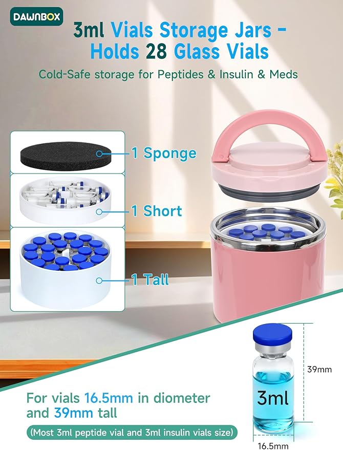 3ml Peptide Case for Fridge Vial Inserts with 22oz Food Jar, Peptide Fridge Case/Peptide Travel Case TSA Approved, Holds 28 Vials, Peptide Storage - Fridge/Travel Safe (Pink Jar and White Insert)
