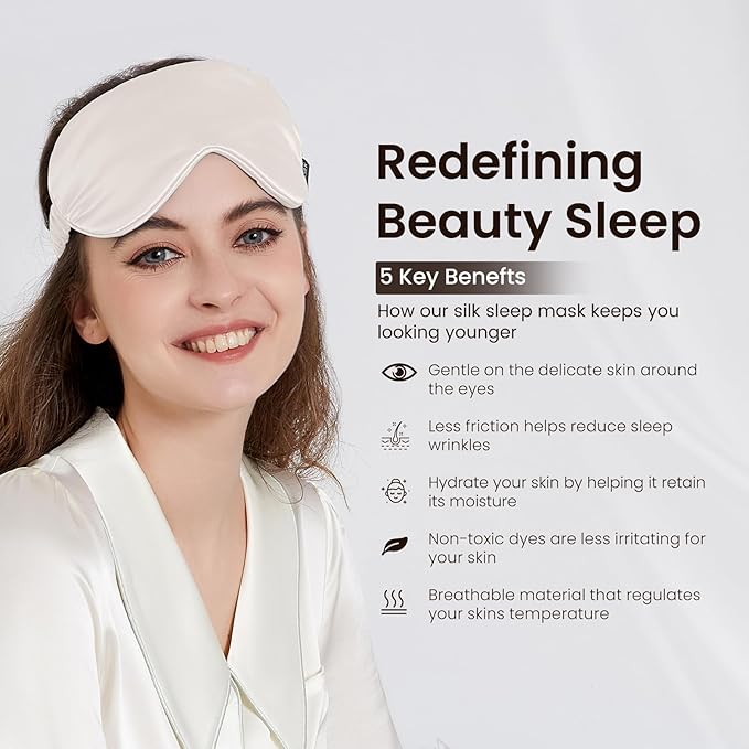 THXSILK Sleep Mask 100% 25 Momme Pure Mulberry Silk Super Smooth Cooling Sleep Eye Mask Blackout for Women/Man/Kids, Eye Cover with Wide Head Strap for Good Night Sleep, White