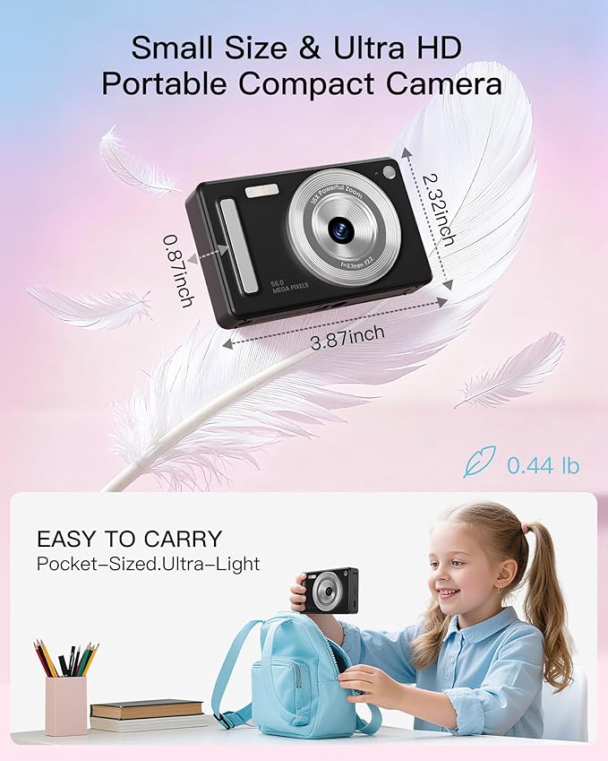 Digital Camera, FHD 1080P Point and Shoot Camera with 32GB SD Card, 2 Batteries, 16X Zoom, Anti Shake, Compact Small Design for Kids Teens Students Girls Boys (Black)