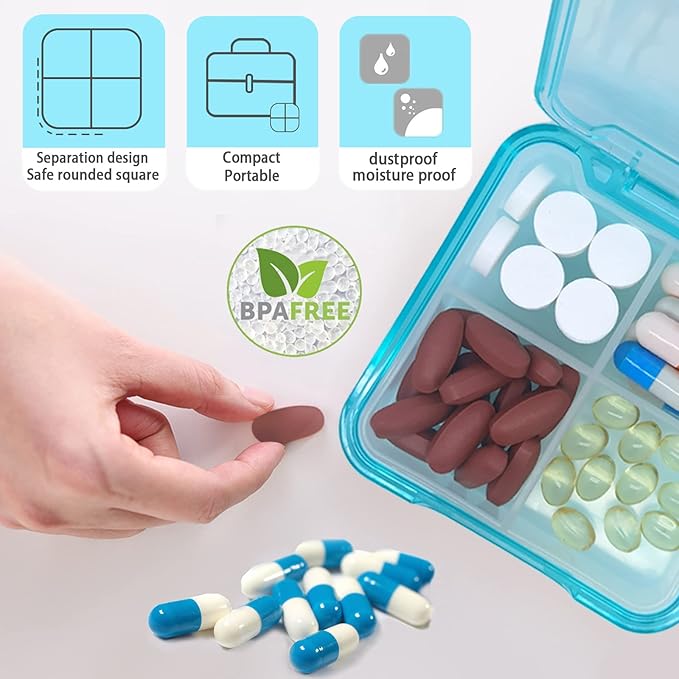 Pill Case for Pocket Travel Pill Organizer Small Pill Box Portable 4 Compartments Removable Medicine Organizer for Vitamin Fish Oil (Sky Blue)