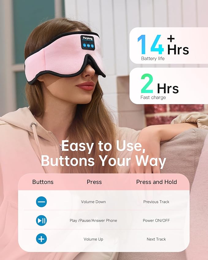 Sleep Mask with Bluetooth 5.4 Headphones, Wireless Music Sleep Eye Mask for Side Sleepers, 3D Contoured Comfort & Built-in HD Stereo Earphones, Blackout for Travel (Peach Pink)