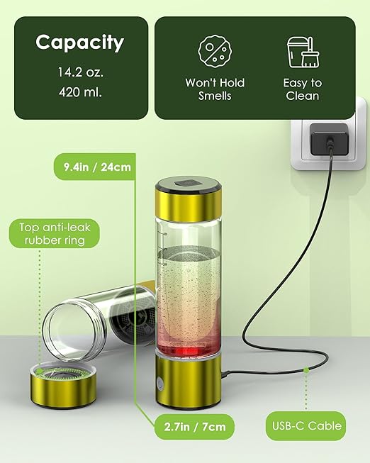 Hydrogen Water Bottle, 3Min 2200PPB Rapid Hydrogen Water Generator -SPE PEM Tech, 14OZ Portable Hydro Water Machine, Health Care Gifts for Husband, Wife, Family, Friends, Travel
