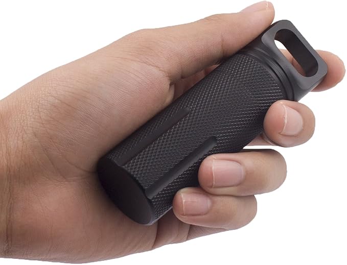 SHD Outdoor EDC Pill Box Container,Black Aluminum Alloy Single Chamber Capsule Waterproof Pill Holder Case for Hiking Camping