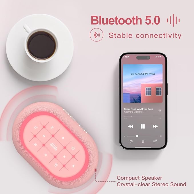 ANJANK White Noise Sound Machine Alarm Clock with Bluetooth Speaker, Hi-Fi Stereo Sound, 21 Soothing Sounds/7 Night Lights, 0-100% Dimmer/Sleep Timer, Soother for Teens Kids Girls, Bedroom, Pink