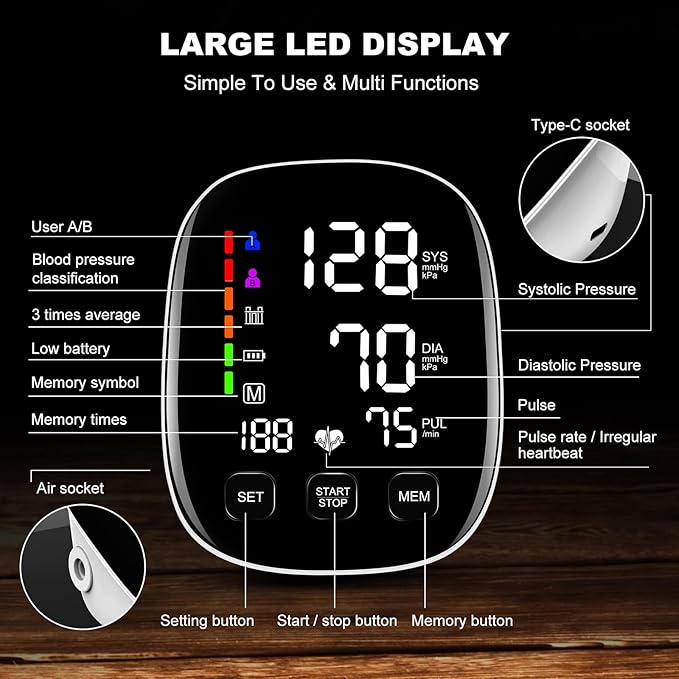 Blood Pressure Monitors for Home Use, 9-17'' & 13-21'' Extra Large Blood Pressure Cuff Upper Arm Blood Pressure Machine, 6 in Large LED Backlit Display, USB Cable & Batteries Included