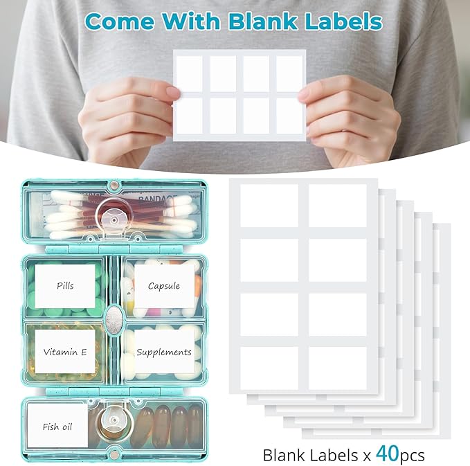 Zentiky Small Daily Pill Organizer with Labels, Medicine Pill Organizer Fit with Your Purse or Pocket for Travel to Hold Vitamin, Fish Oil, Supplement,Cotton Swabs, Bandages or Jewelry-Blue