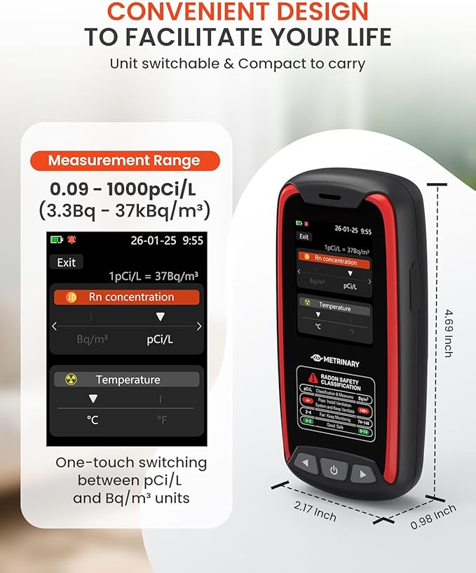 Radon Detector for Home, Portable Radon Monitor with TFT Color Display, Rechargeable Radon Tester Quick Result 6 Hour, 504 Days Data Storage with Audible & Visual Alarm (pCi/L or Bq/m³)
