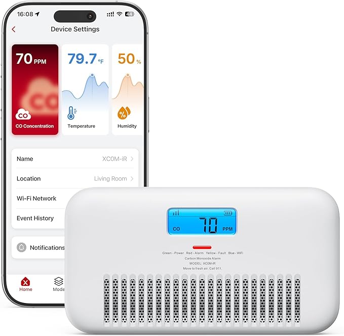 X-Sense Smart Wi-Fi Carbon Monoxide Detector, with Temperature & Humidity Monitor, Voice Alert, Replaceable Battery, Digital Display and Historic CO Peak Level, XC0M-iR 1-Pack