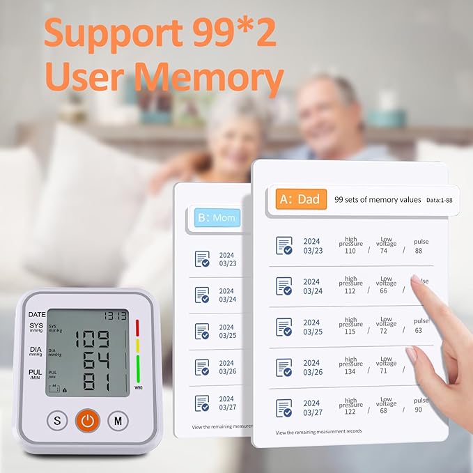 Arm Type Electronic Blood Pressure Monitor,Automatic Accurate Measurement,Large Screen and Large Character,Charging Model Device with USB Cable,2 * 99 Memory,Simple Operation