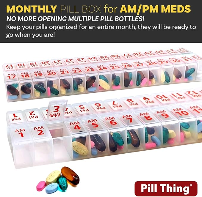 Twice-a-Day Monthly Large Pill Organizer Set - AM and PM Medication Organizer for the Entire Month. Set Contains 2 Organizers for 1 Month. (New STAY-TIGHT Lids)