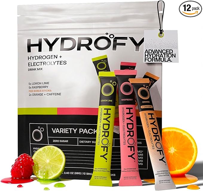 Hydrofy Hydrogen Water + Electrolytes Drink Mix - Variety Pack | H2 Hydration Packets with Molecular Hydrogen, Sodium, Potassium, Magnesium | Lemon Lime, Raspberry, Orange + Caffeine | 12 Count