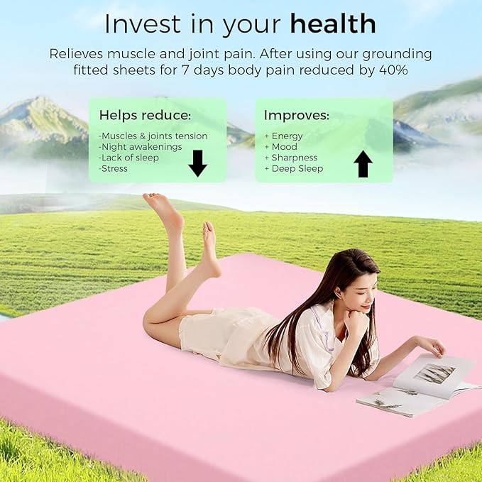 Grounding Sheets King Size, Earthing Fitted Sheets, 95% Cotton 5% Pure Silver Fiber, Grounded Sheets with Grounding Cord, Conductive Earthing Bed Sheet Grounding Cover for Better Sleep (Pink, King)
