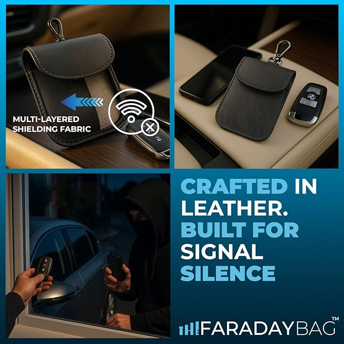 Faraday Key Fob Protector - Real Leather Premium Signal Blocking Pouches - RFID Blocking Car Key Security Shield