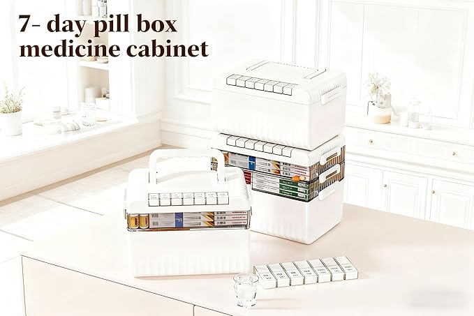 2026 New Model Release 3-Tier Portable Medicine Box Organizer Storage (Extra Large) 15.75x9.06x13.39 Inch，Buy 1 Large, Get 7 Small Free (Comes with 7 Daily Pill Cases)