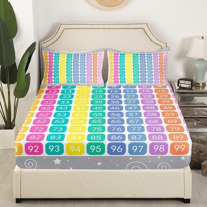 Numbers Alphabet Fitted Sheet, Cartoon Alphabet Bedding Educational Bed Cover Set 3Pcs (No Flat Sheet)