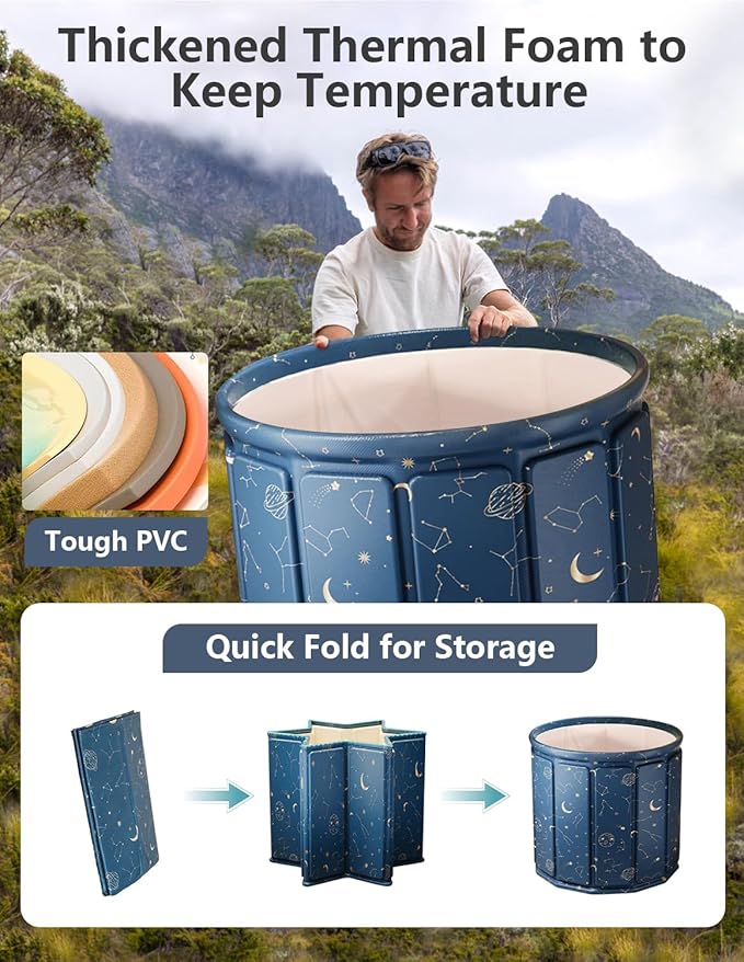 Portable Bathtub for Adults, Collapsible Freestanding Bathtub for Shower, Hot Ice Bath Tubs with Thickened Thermal Foam to Keep Temperature, PVC Outdoor Soaking Tub (Planet Blue)