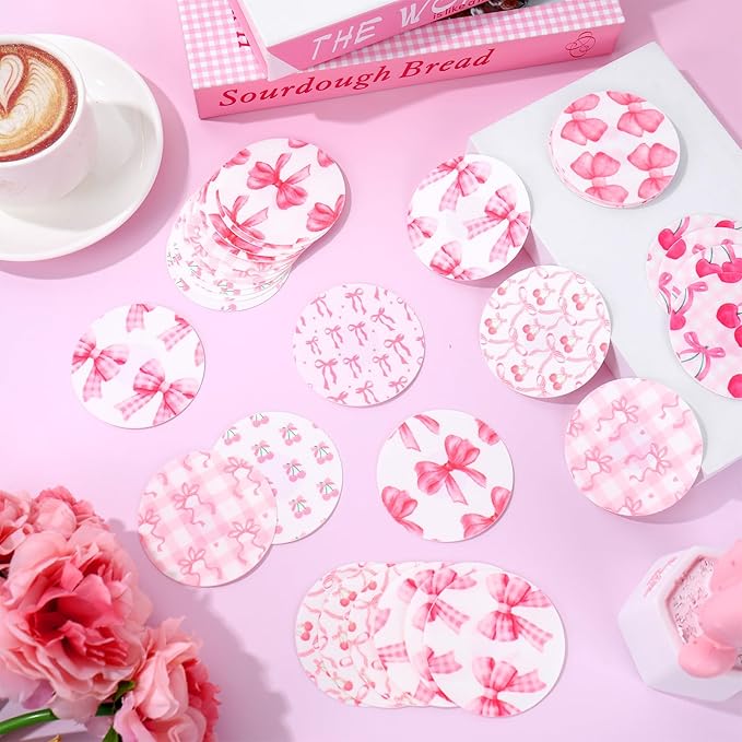 JarThenaAMCS 40 Pcs Pink Adhesive Patch NO Glue in The Center Sensor Cover Pre-Cut Bow Cherry Elastic Fabric for Continuous Glucose Monitor Fits Freestyle Libre 2 & 3