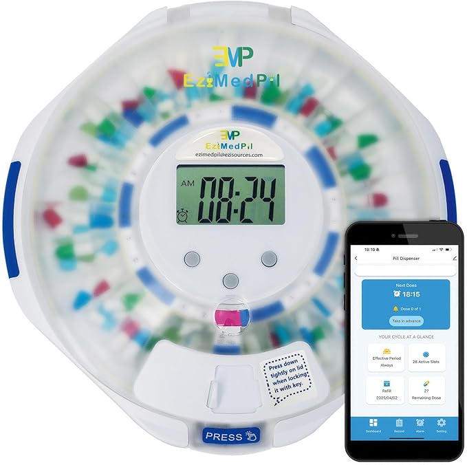 EziMedPil Bluetooth Pill Dispenser w/Sound & Light & App Alert, up to 9 Alarms/Day, Easy Setup on SmartLife, Frosted Lid & Locked 28-Day Medication Dispenser for Protecting Pills Privacy