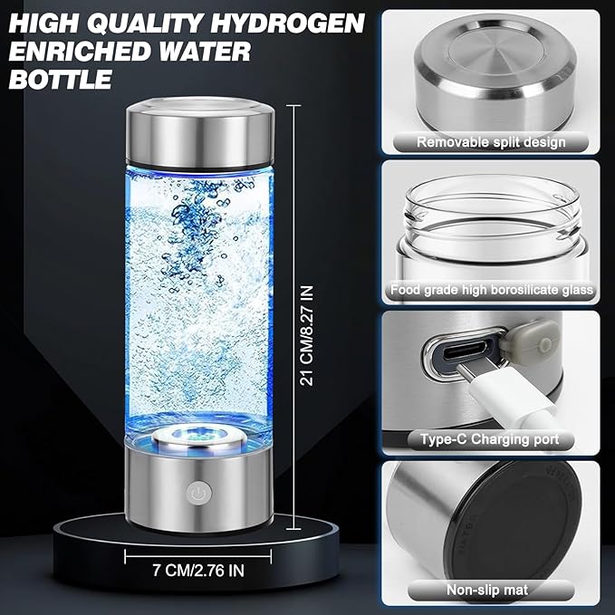 Hydrogen Water Bottle, Hydrogen-Rich Water Generator Bottles -Upgraded SPE/PEM Technology, Portable Rechargeable Hydrogenated Water Glass Bottle (Suitable for Purified & Distilled Water)
