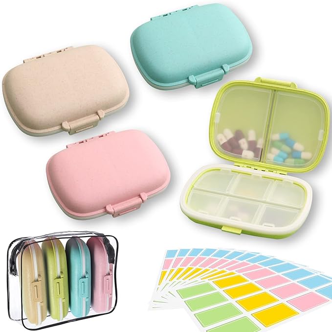 4 Pack Travel Pill Organizer,8 Compartments Weekly Pill Box Moisture Proof Small Pill Case for Pocket Purse Daily Portable Medicine Vitamin Holder Container（Blue+Green+Khaki+Pink）