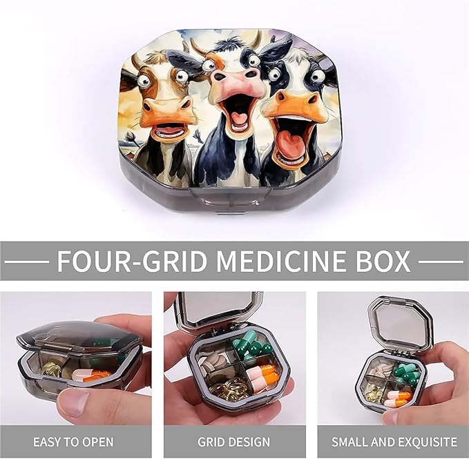 This Portable Funny Cartoon Cow Pattern 4 Compartment Pill Box Can Be Placed in A Pocket Or Wallet to Store Vitamins, Medicines Health Supplements Other Medications.