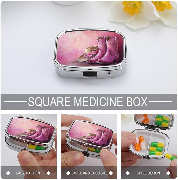 Pink Cowboy Boots with Flowers Pill Box 2 Compartment Portable Medicine Pill Case Travel Pill Organizer for Pocket Purse