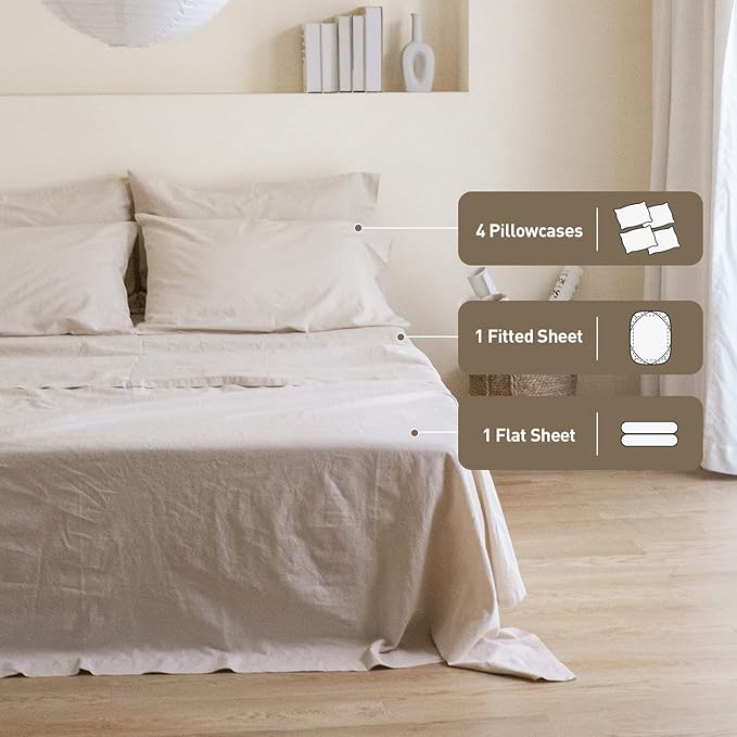 Simple&Opulence Belgian Linen Sheet Set Solid Color - 6 Pieces (1 Flat Sheet & 1 Fitted Sheet & 4 Pillowcases) 16" Deep Pocket Natural Flax Cotton Blended Soft Bedding - Linen, King Size