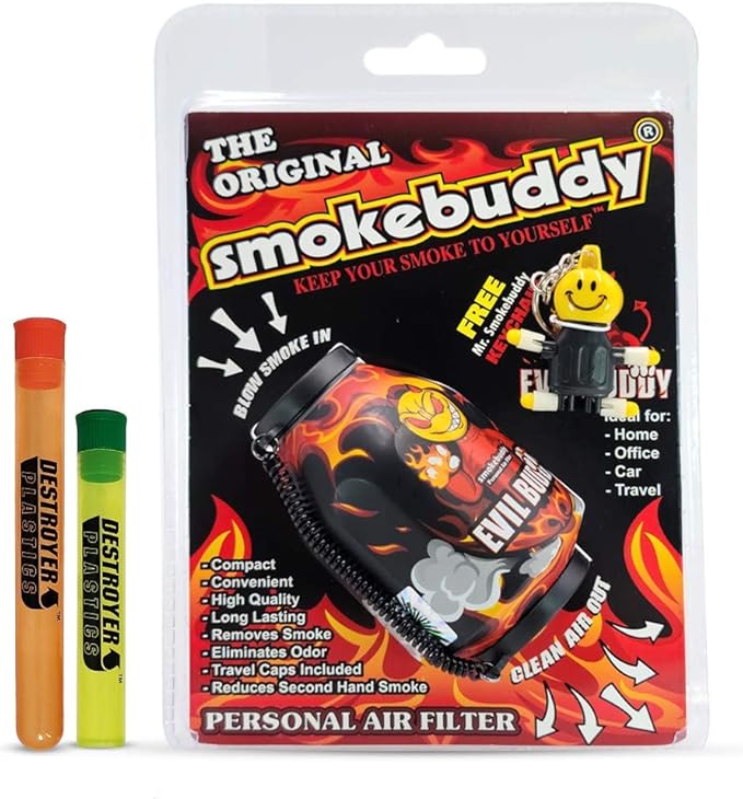 100% Authentic Smoke Buddy Bundled with Two Exclusive Destroyer Plastics Odor Proof Tubes One Large One Small (Smoke Buddy Original, Evil)