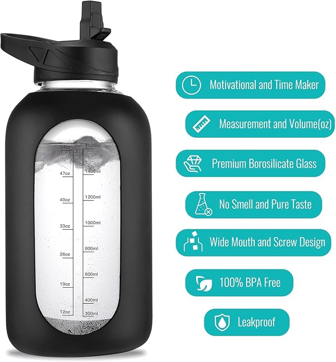 64 oz Glass Water Bottle With Straw and Handle, Half Gallon Sports Motivational Water Jug Flask with Silicone Sleeve, Large Water Cup with Time Marker for Travel, Gym, Blue