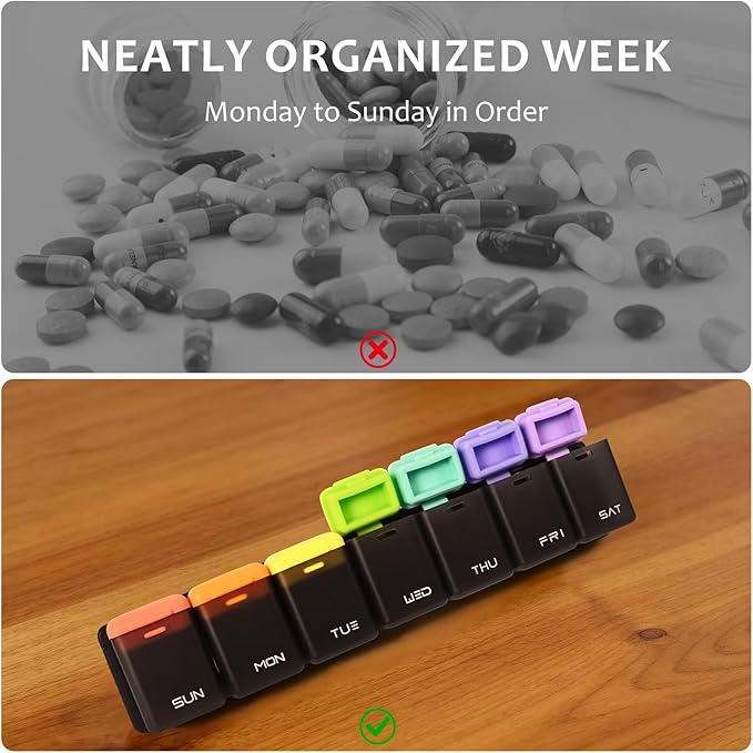 Fridge Magnetic Weekly Pill Organizer, Easy Open Daily Reminder Waterproof Pill Box for Vitamins, Travel & Daily Use (Black)