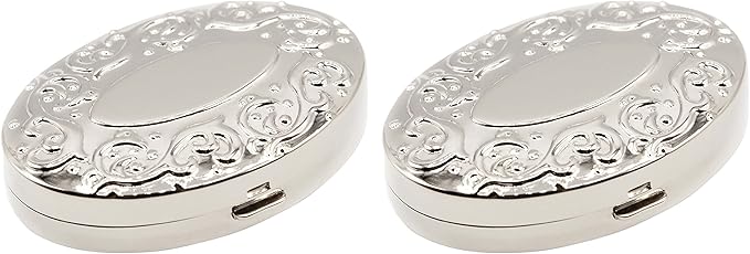 Set of 2 Oval-Shaped Pocket Purse Pill Box & Organizer with Dual Compartments (Silver Victorian)