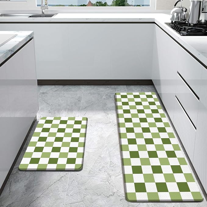 Bulijojo Green Plaid Anti Fatigue Kitchen Floor Mats Set of 2 Waterproof Kitchen Sink Runner Rug Standing Mat Cushioned Kitchen Rugs Comfort Doormat 17"x47"+17" x30“