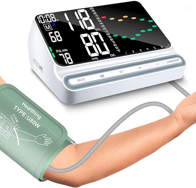 Blood Pressure Monitor for Home – Large Backlit Screen with Trend Curve, Rechargeable Upper Arm BP Machine, Accurate Readings, 180 Memory for 2 Users, Digital Machine with Comfortable Large Cuff