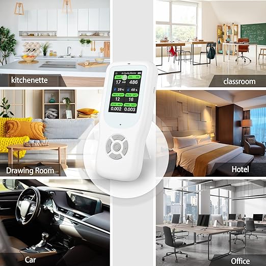 11-in-1 Air Quality Monitor - Portable Indoor Air Quality Detector with Stand, Real-Time Test for AQI, CO2, PM2.5, PM1.0, PM10, TVOC, HCHO, Particles, Temperature & Humidity with Aler (White-Black)
