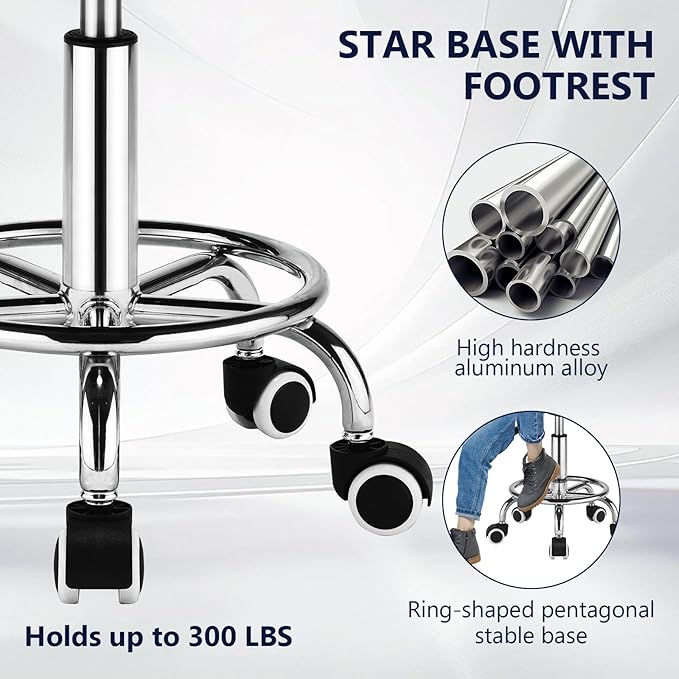 Square Salon Rolling Stool - 300lbs Weight Capacity，Adjustable Swivel Stool with Wheel，Pu Leahter Comfortable Cutting Stools for Salon Tattoo Stylist Massage Perfect for Work SPA (White)