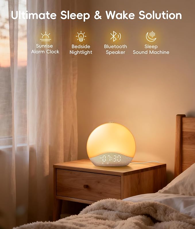 ecozy Sunrise Alarm Clock for Bedroom, White Noise Sound Machine, 26 Soothing Sounds, 17 Night Lights, Bluetooth Speaker, Music-Sync Lights, Wake Up Sunlight for Heavy Sleepers, Adults, Kids - Natural