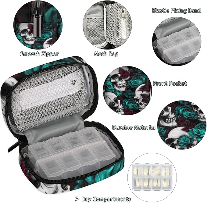 Skull Flower Gothic Style Pill Case Weekly Medicine Organizer with Travel Bag Seven-Day Pill Box Vitamin Supplement Box Fish Oil Pills Holder