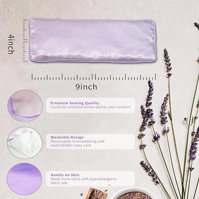 Lavender Eye Pillow, Hot or Cold Weighted Satin Eye Mask, Microwaveable Moist Heat Eye Compress, Washable Eye Pillow for Sleeping, Yoga, Meditation, Migraine Relief, Pack of 2(Lavender)