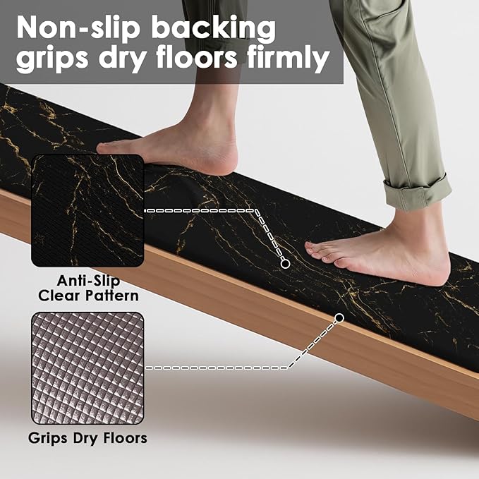 Arttown Anti-Fatigue Kitchen Rug Set of 2 Marble Black Gold Abstract Cushioned Floor Mat, Standing Waterproof Non-Slip Mat and PVC Ergonomic Comfort Foam Rug for Kitchen