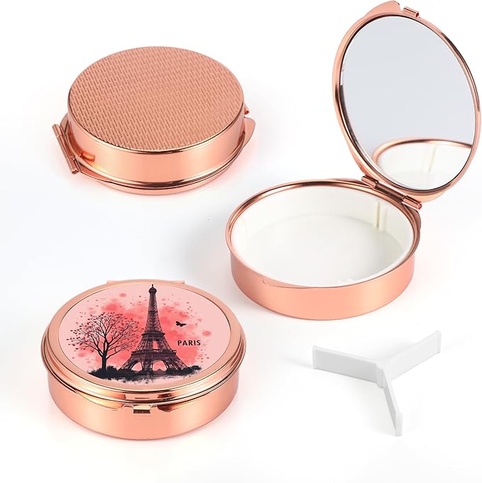 Dynippy Pill Case Pill Box with Mirror Pocket 3 Compartment Medicine Case Vitamin Pill Organizer for Pocket Purse and Travel (Round, Rose Gold-Paris Eiffel)
