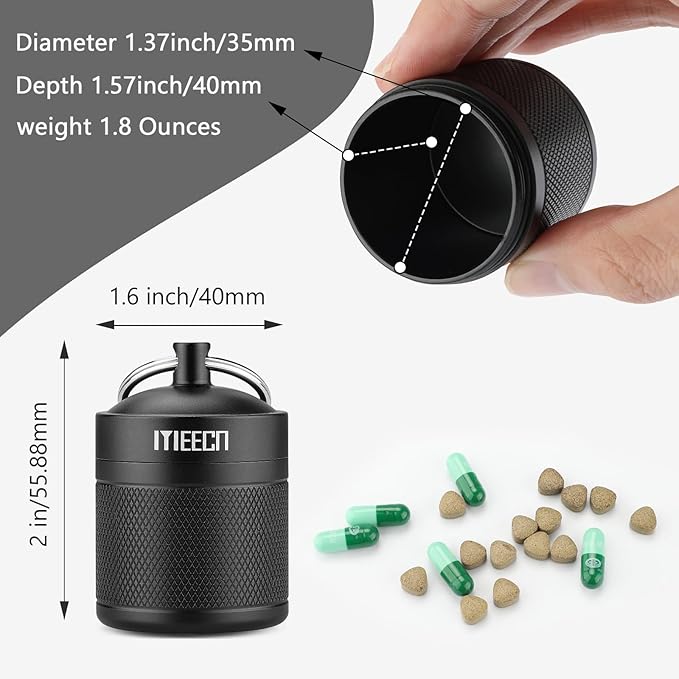 Keychain Pill Holder, Box, Aluminum, Waterproof Container, Pill Organizer for Outdoor Travel Camping, Size: 1.6 x 1.6 x 2 in (Black)