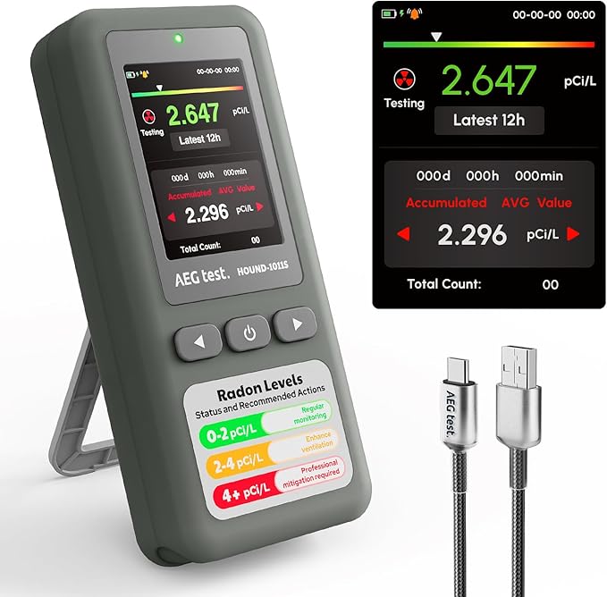 HOUND-1011S Portable Radon Detector, High-Accuracy Sensor for Home, Lightweight, Audible & Visual Alarms, Long-Term Monitoring, Easy-to-Use Radon Tester in pCi/L or Bq/m³ for Basement